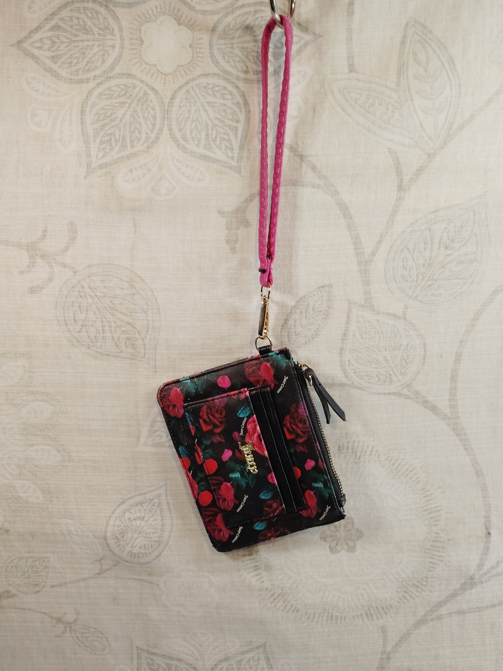 Juicy Couture Floral Rose Wristlet Clutch in Black and Pink